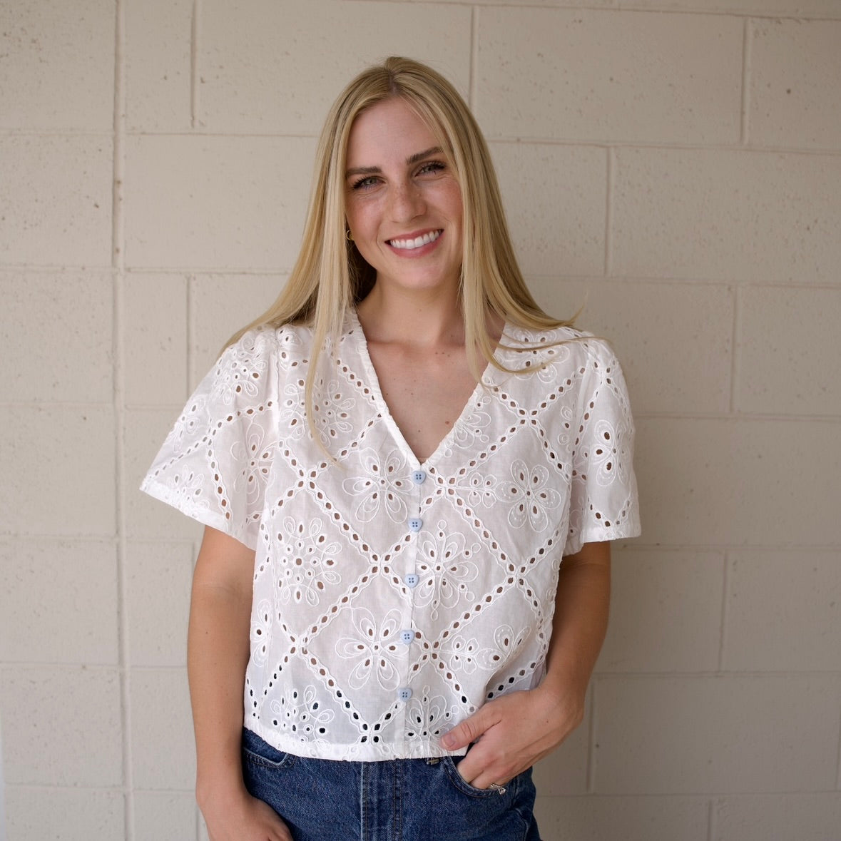 White Eyelet Short Sleeve Blouse