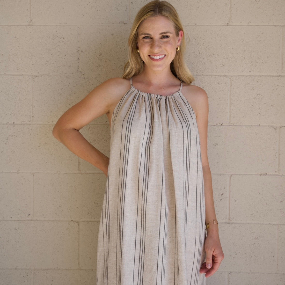 Oatmeal Stripe Halter Maxi Dress