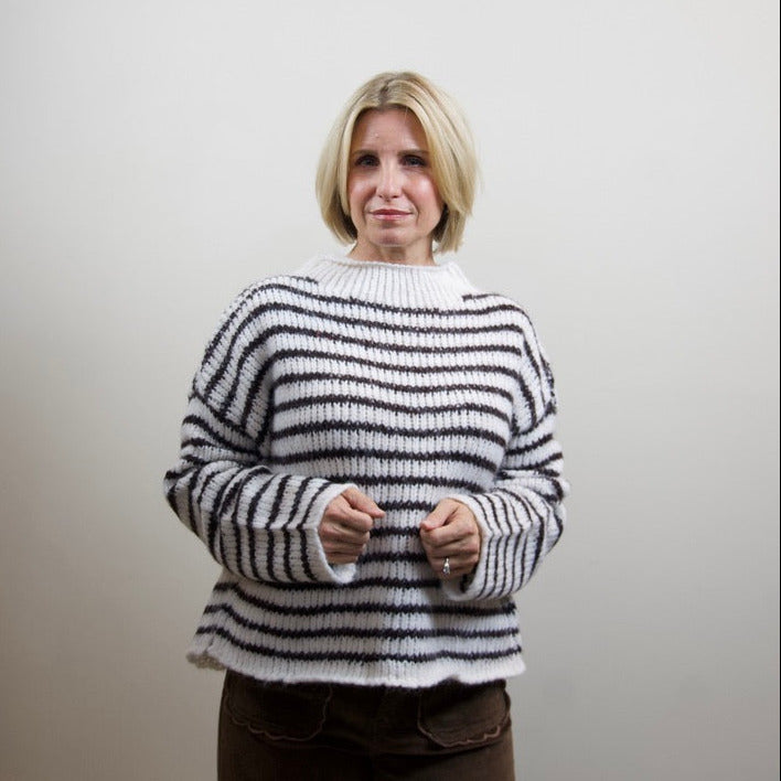 Striped Rolled Edge Long Sleeve Knit Sweater