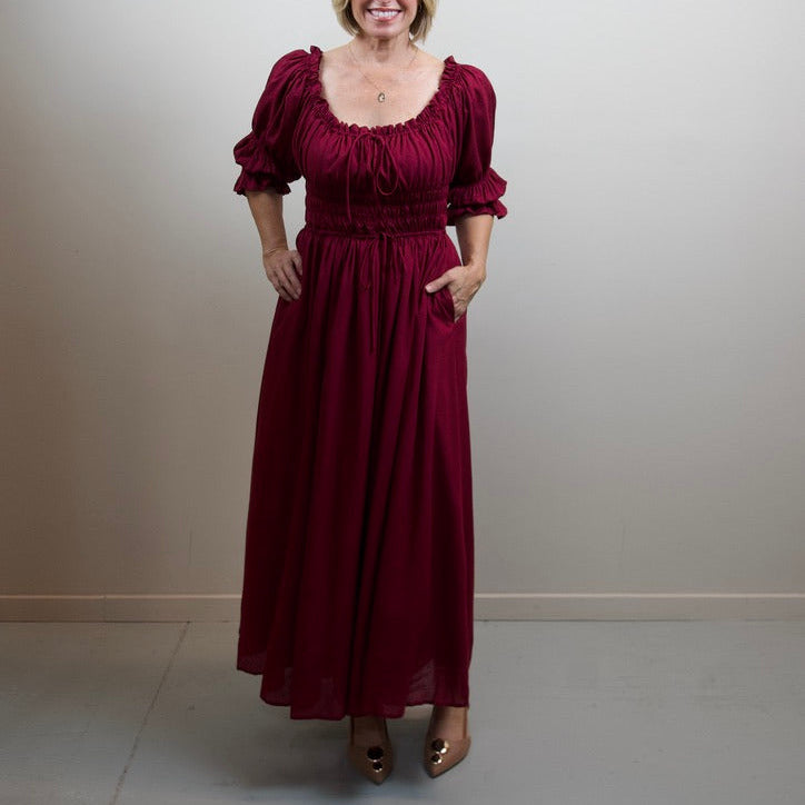 Burgundy Smocked Midi Dress