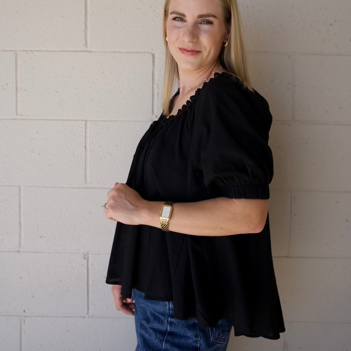 Black Eyelet Trim Neck Puff Sleeve Top