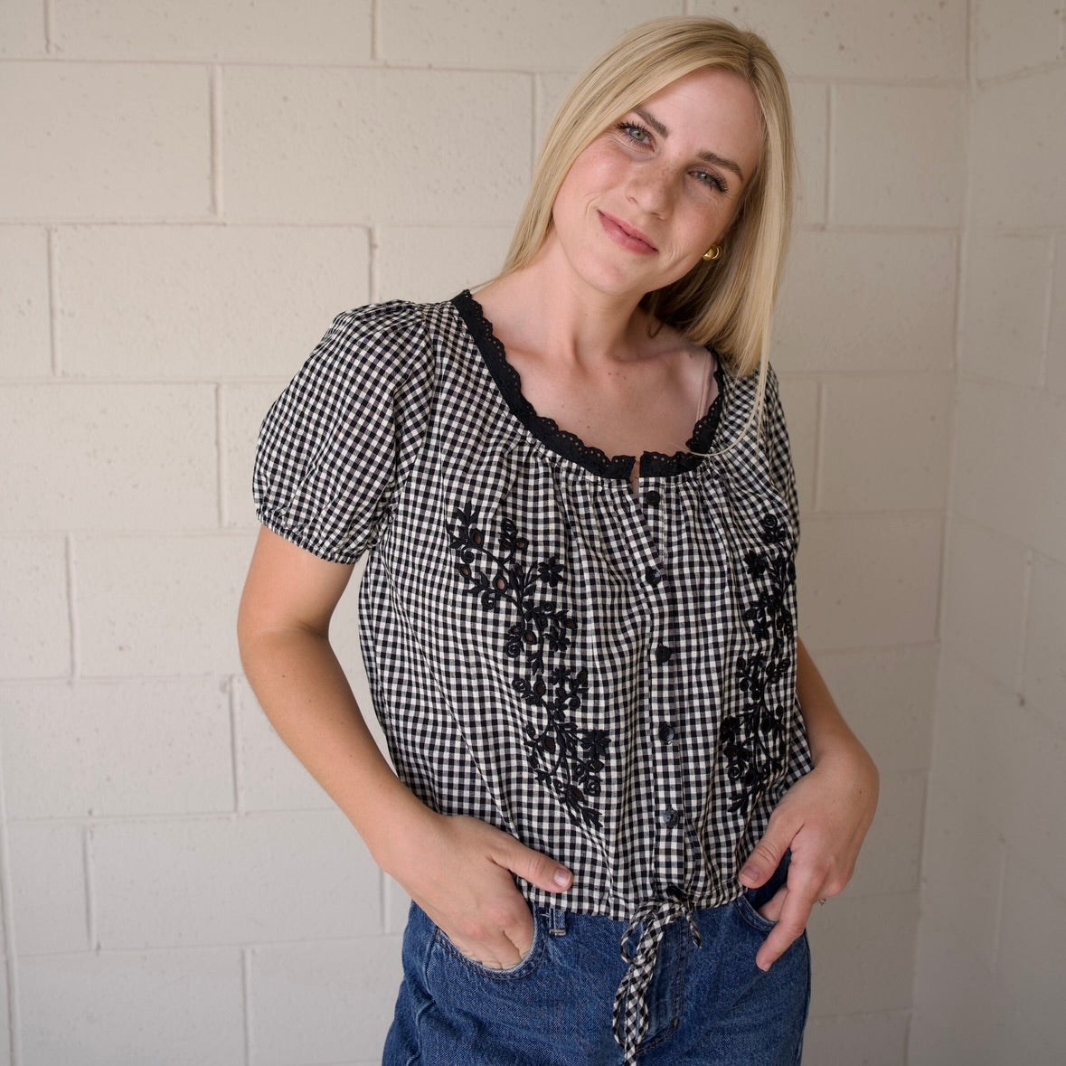 Embroidered Floral Gingham Blouse