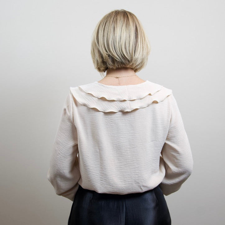 Beige Ruffle Cascade V-Neck Blouse
