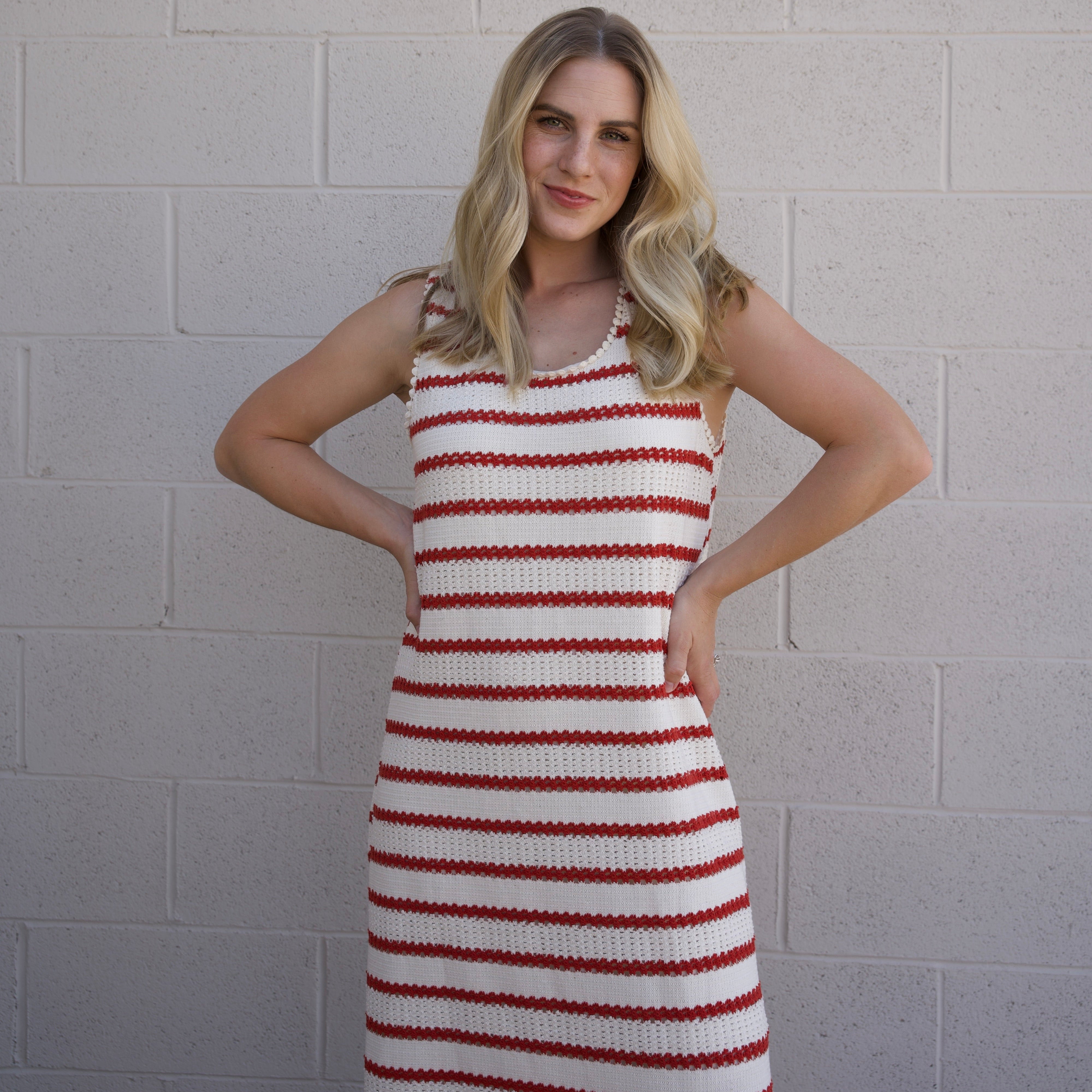 Cream and Red Striped Maxi Dress