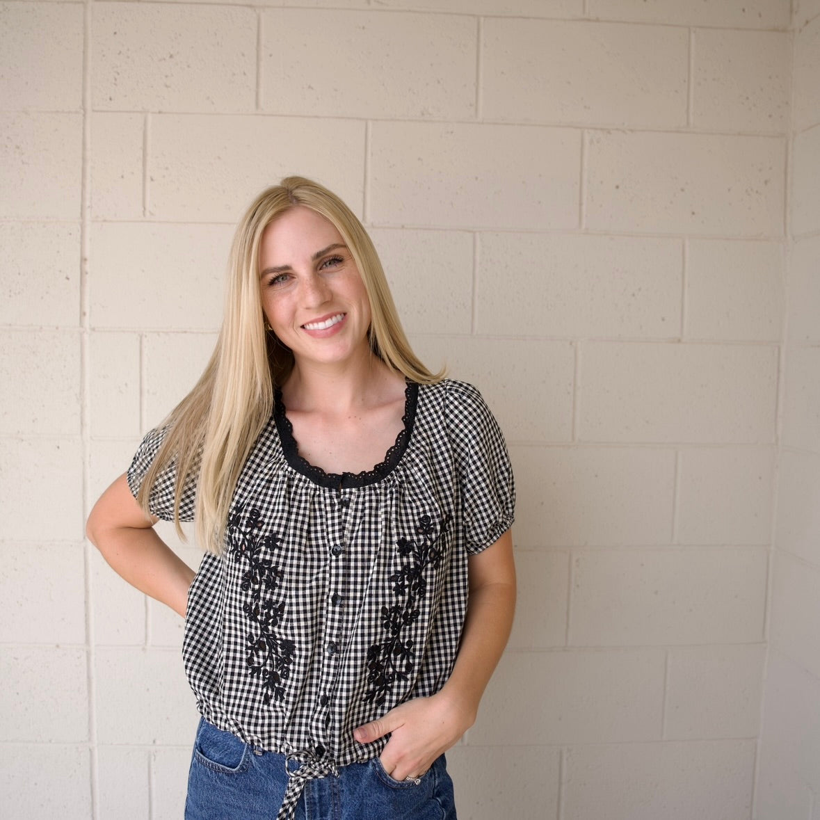 Embroidered Floral Gingham Blouse