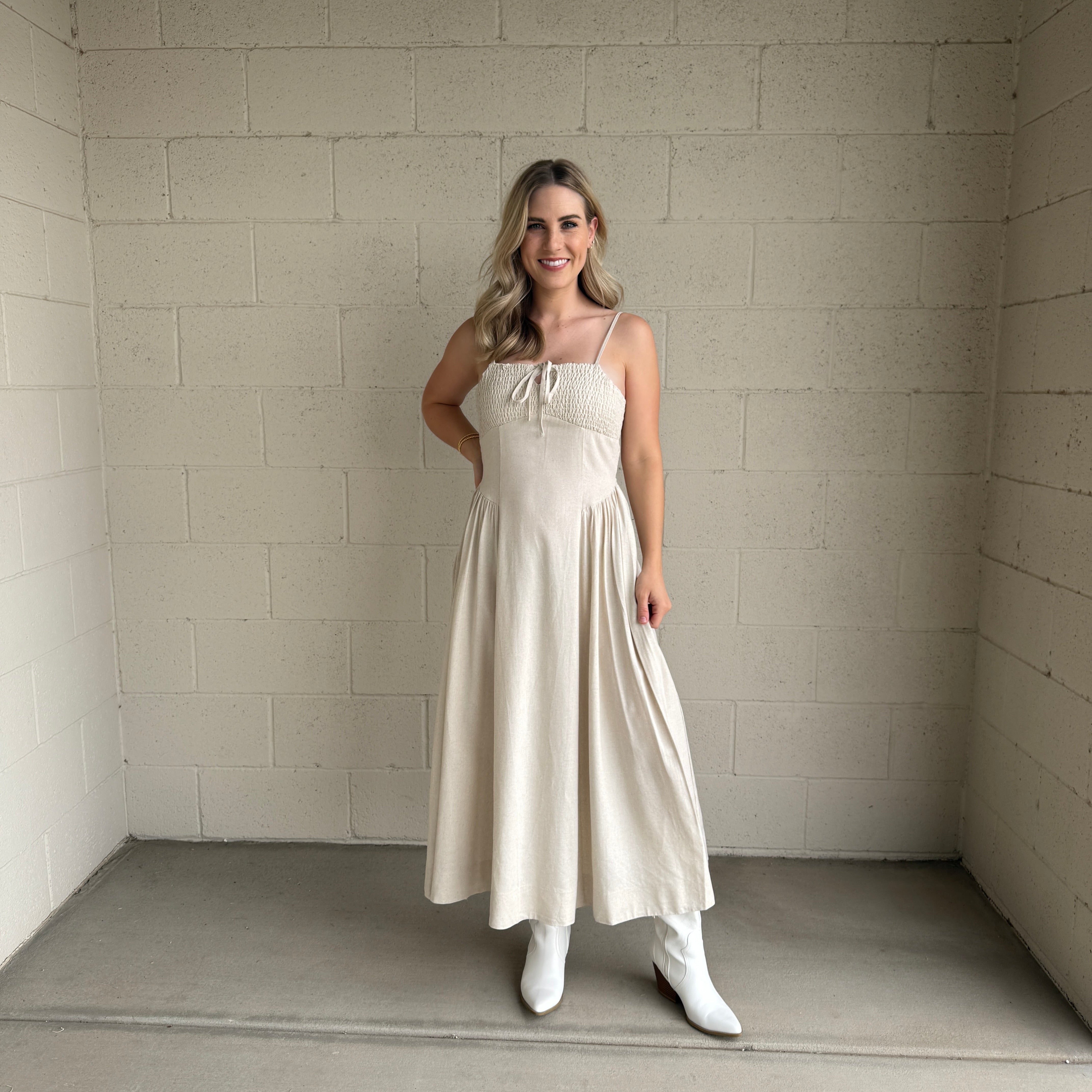 Oatmeal Smocked Linen Dress