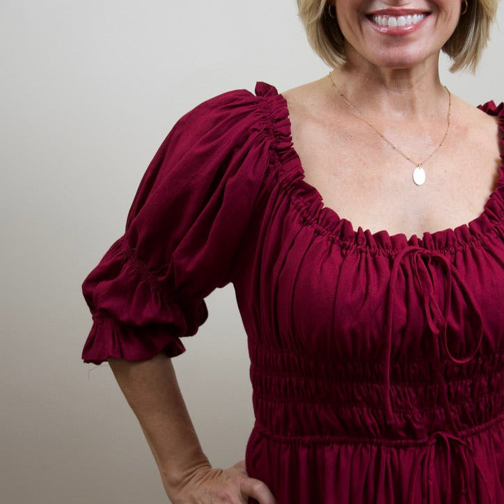 Burgundy Smocked Midi Dress