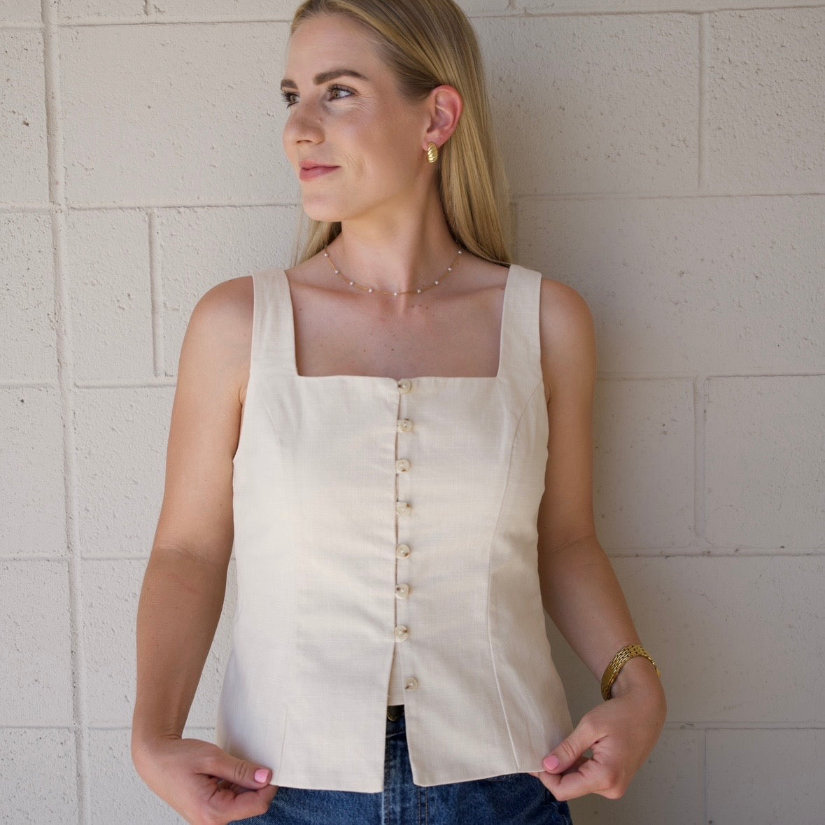 Cream Tailored Square Neck Top