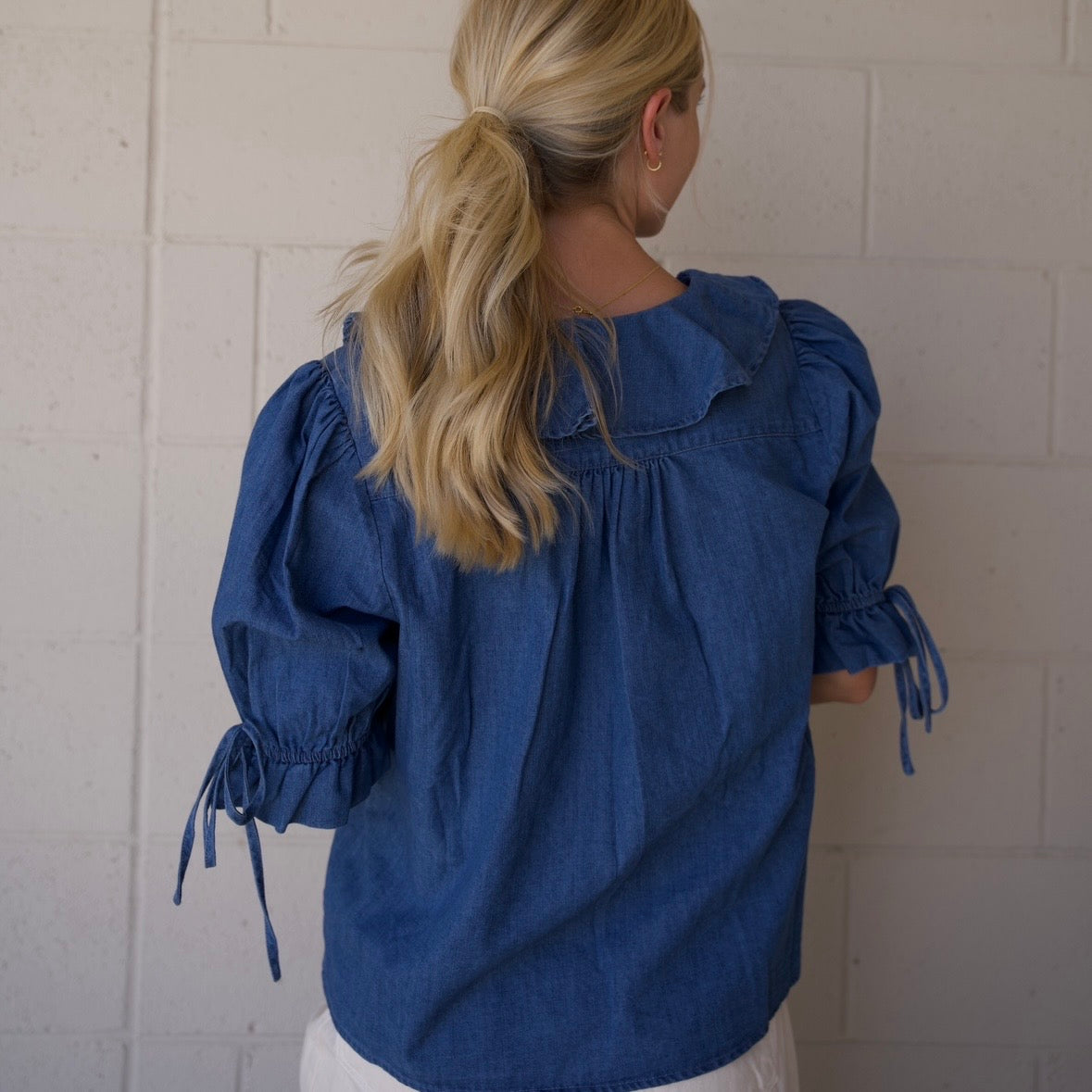 Denim Pleated Ruffle Blouse