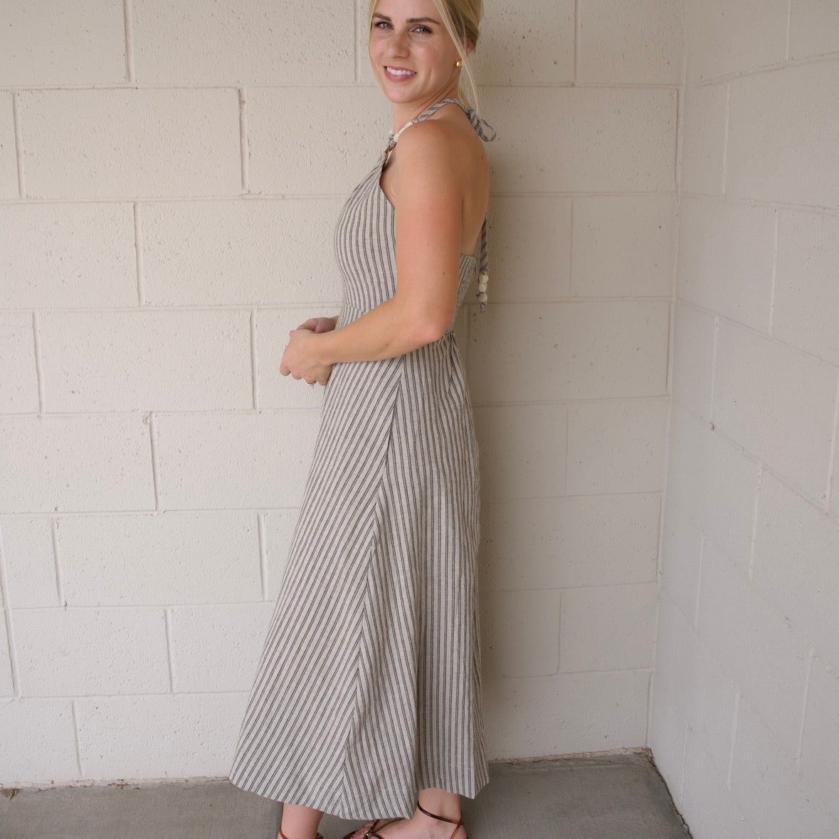 Beaded Halter Striped Dress