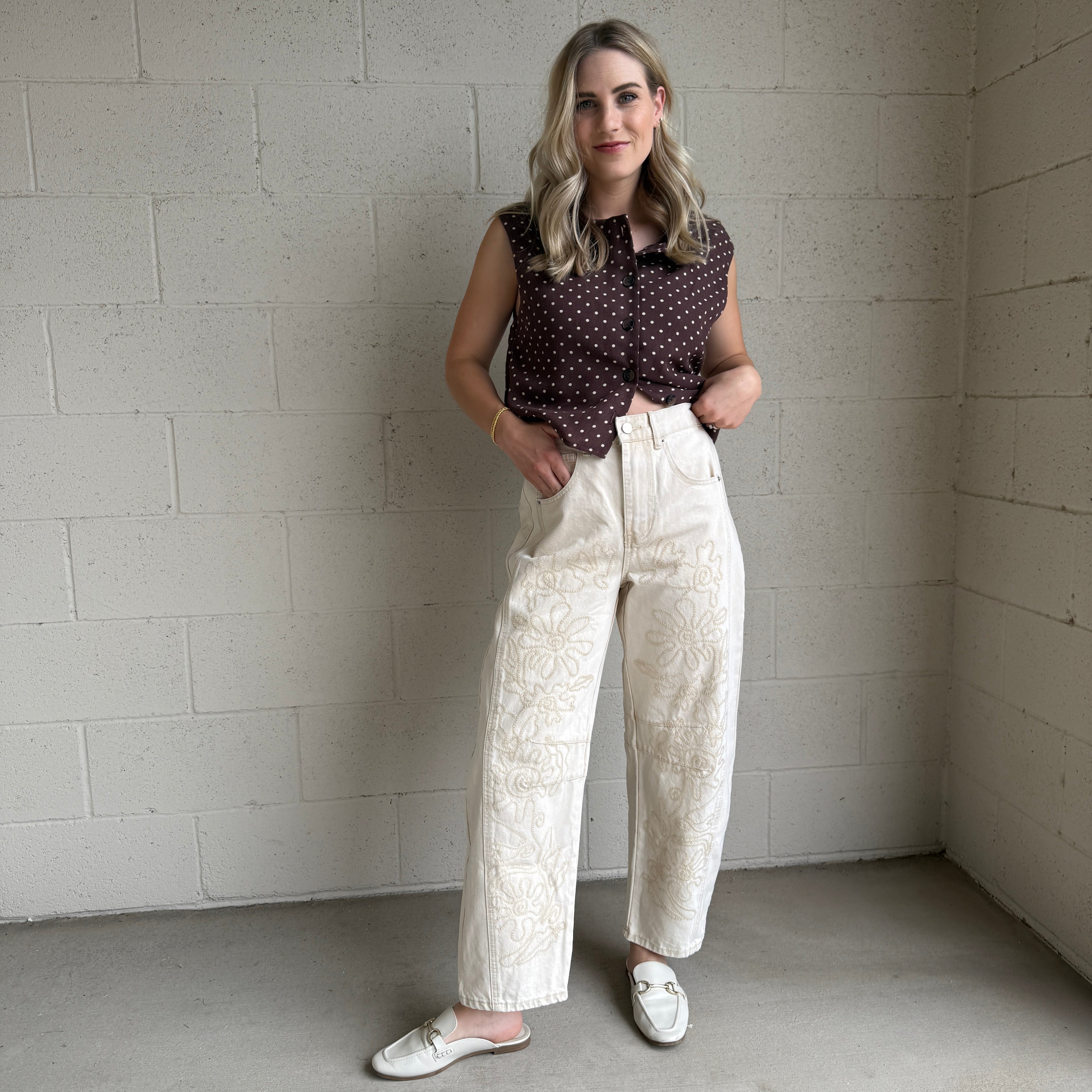 Beige Embroidered Barrel Pants
