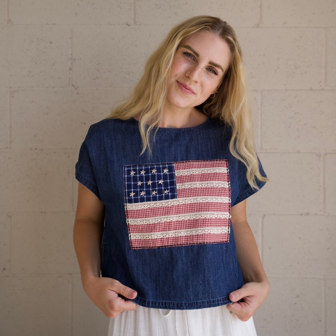 Denim Patchwork Flag Top