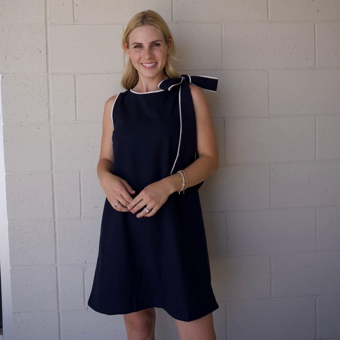 Navy Tie Shoulder Dress