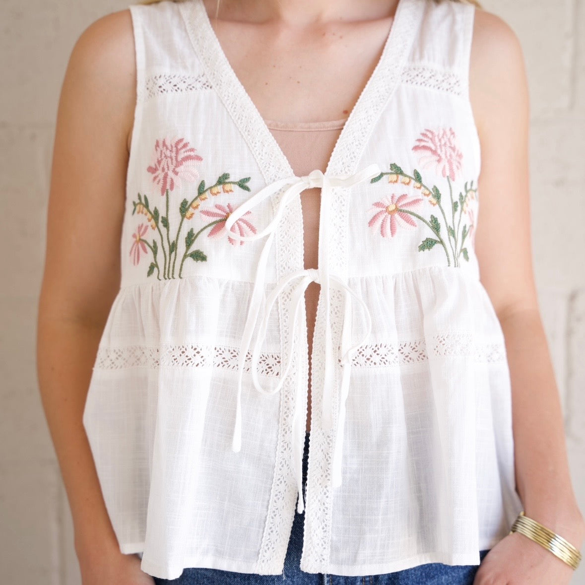 Embroidered Floral Tie-Front Top