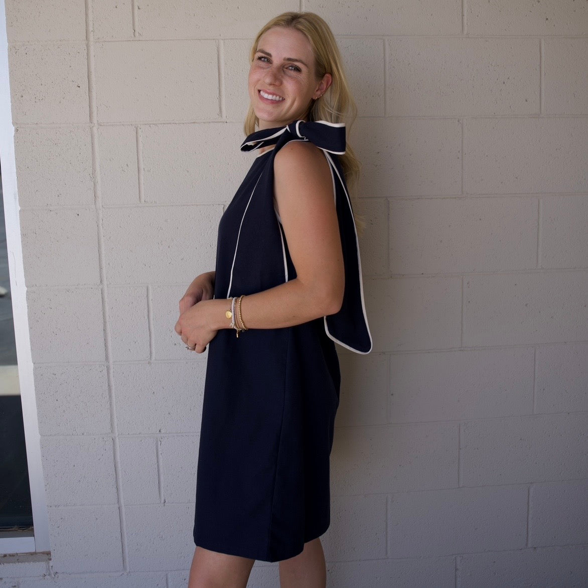 Navy Tie Shoulder Dress