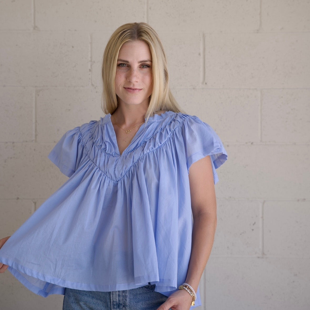 Blue Flutter Sleeve Blouse