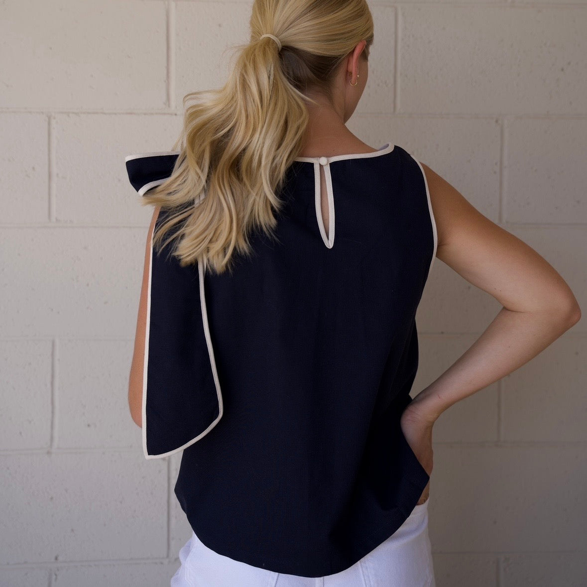 Navy Bow Shoulder Top