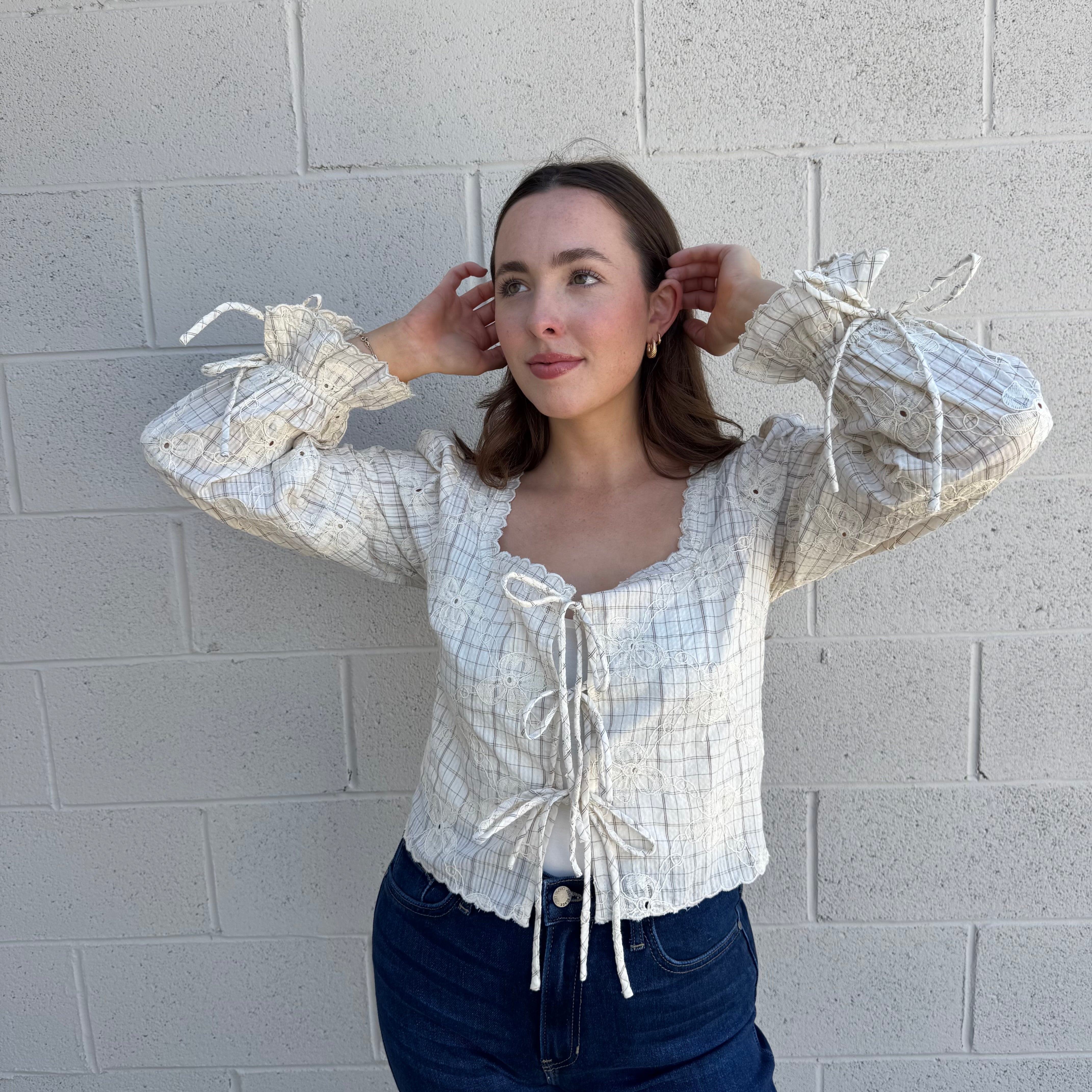 Beige Floral Embroidered Tie Top