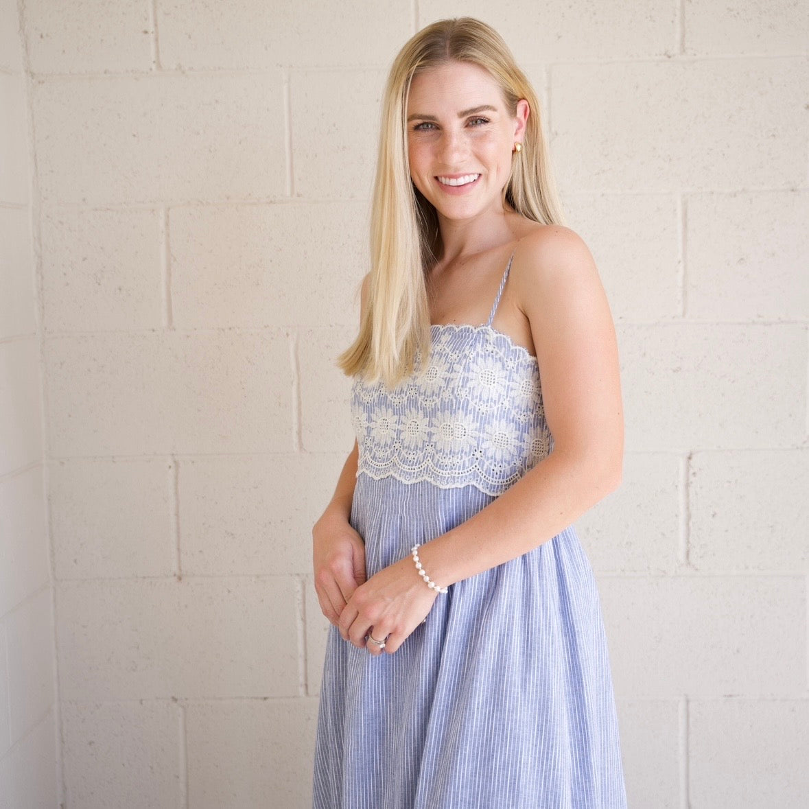 Pinstripe Embroidered Midi Dress
