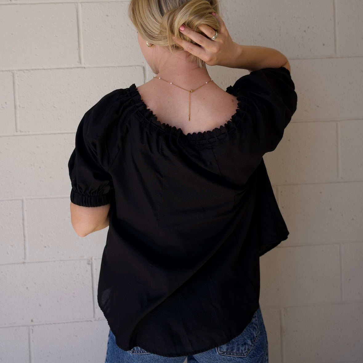 Black Eyelet Trim Neck Puff Sleeve Top