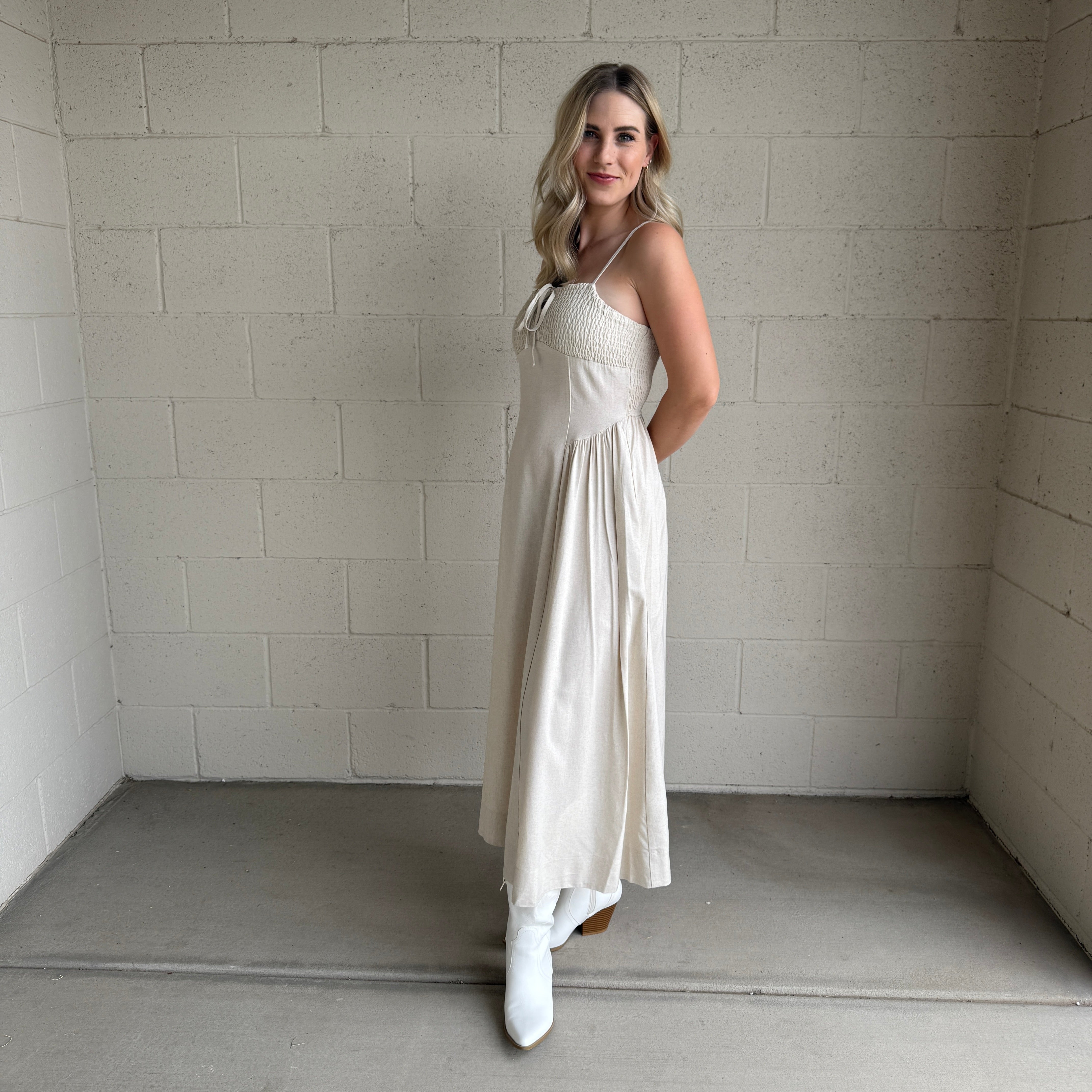 Oatmeal Smocked Linen Dress