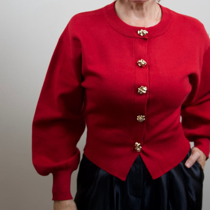 Red Knit Gold Button Cardigan