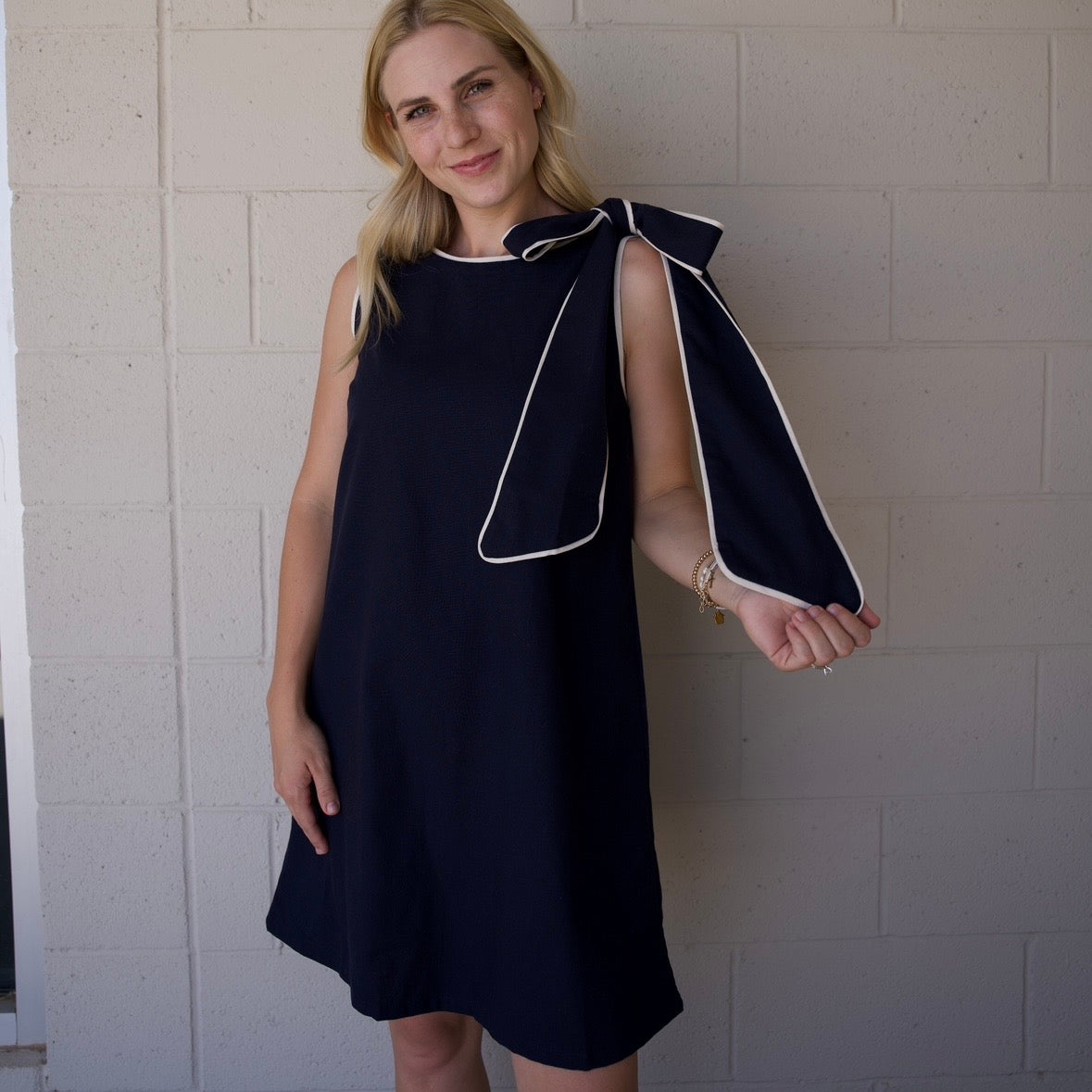 Navy Tie Shoulder Dress