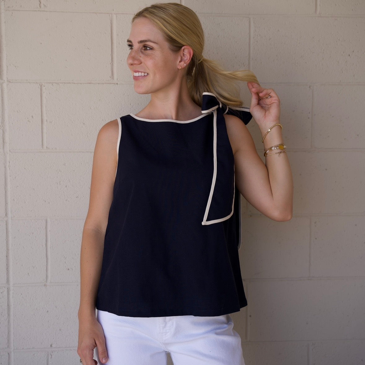 Navy Bow Shoulder Top