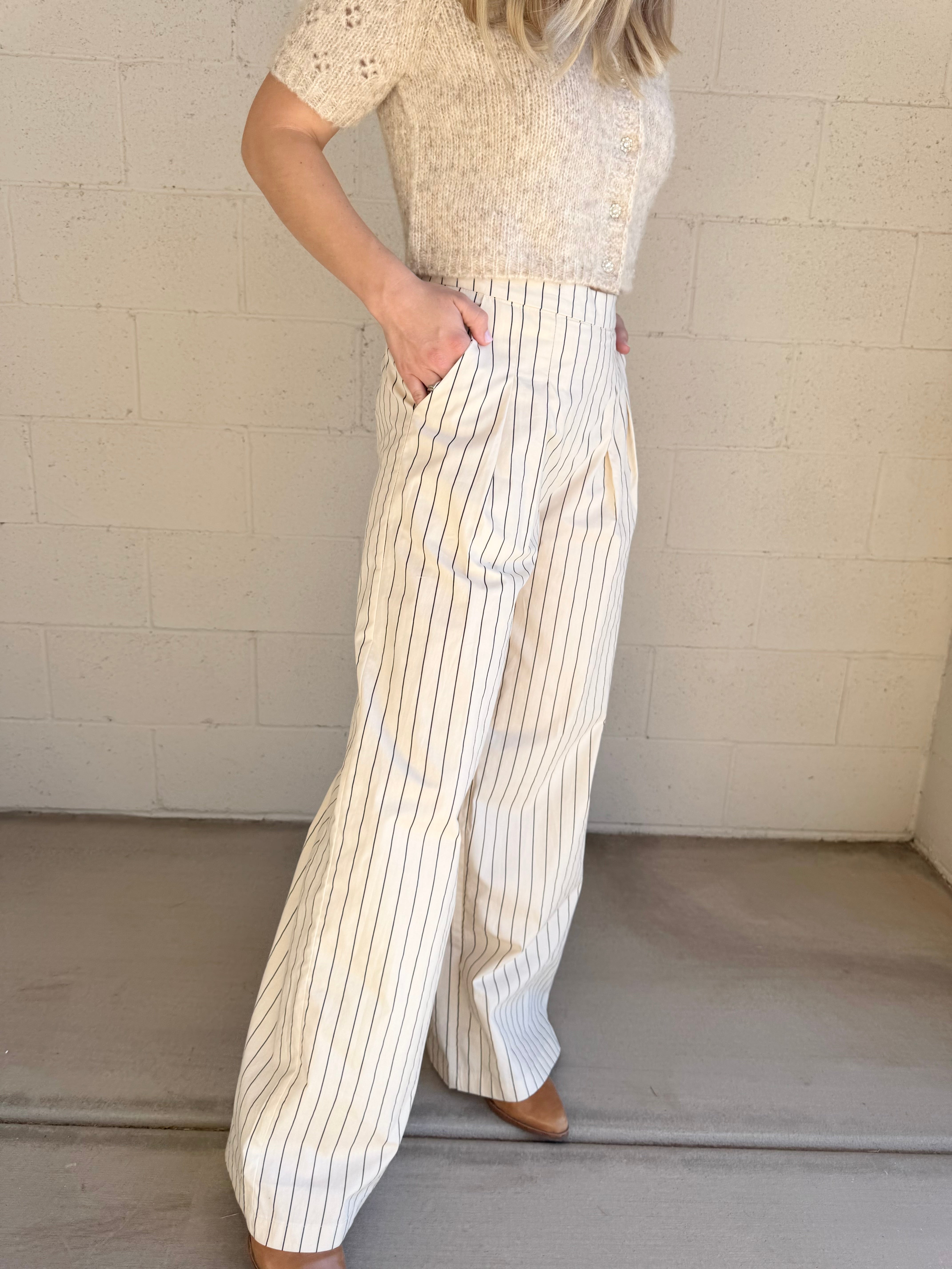 Beige High-Waisted Striped Pants