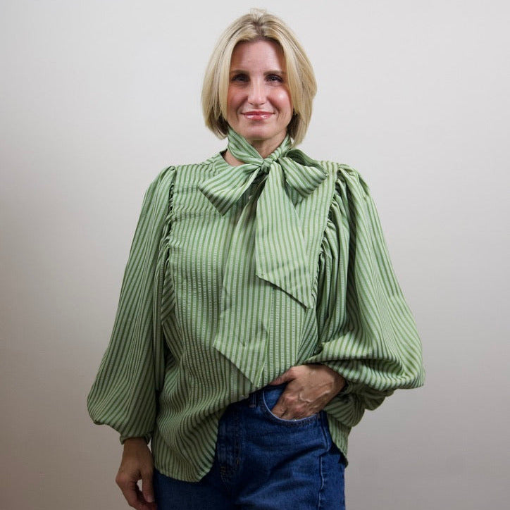 Light Olive Tie Neck Button Down Shirt
