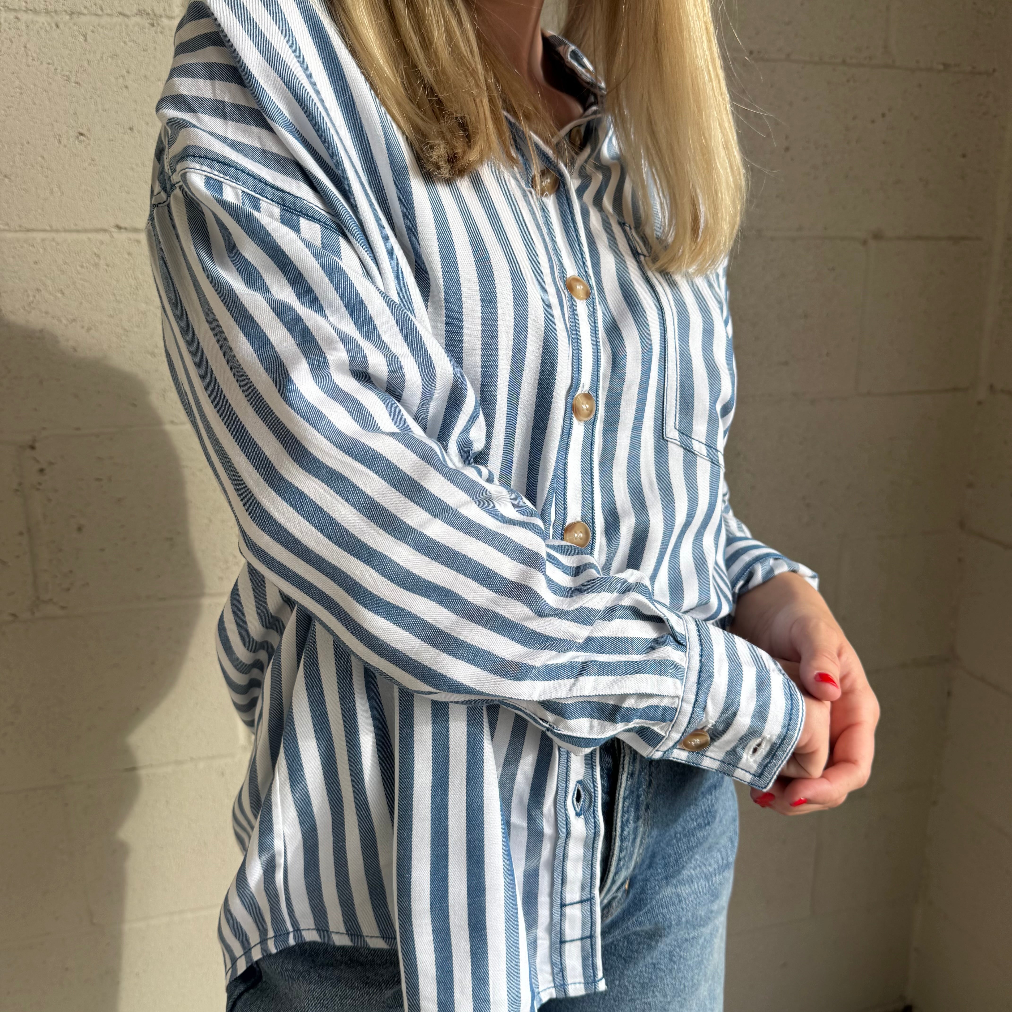 Blue Striped Collared Button-Down Shirt