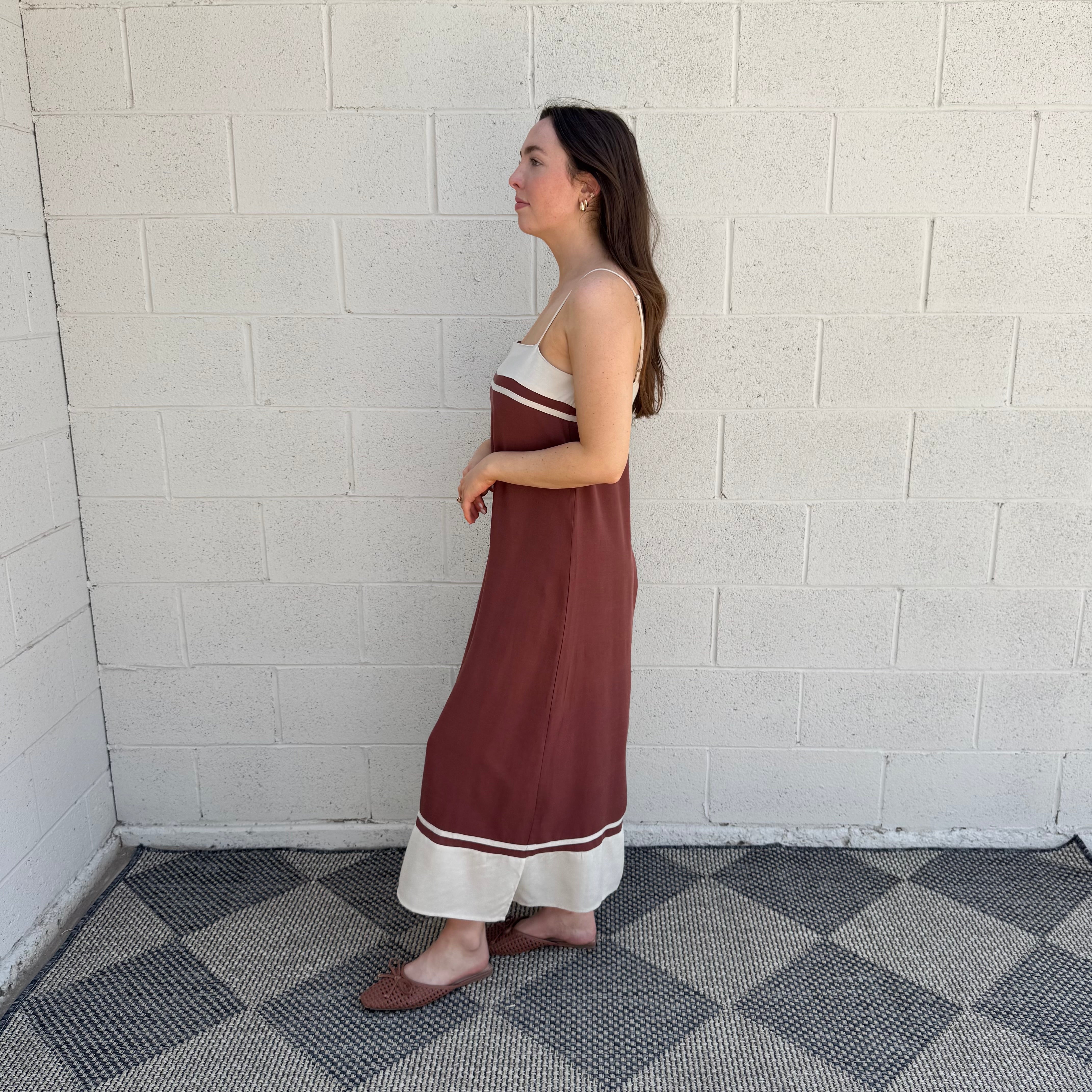 Rust and Cream Striped Midi Dress