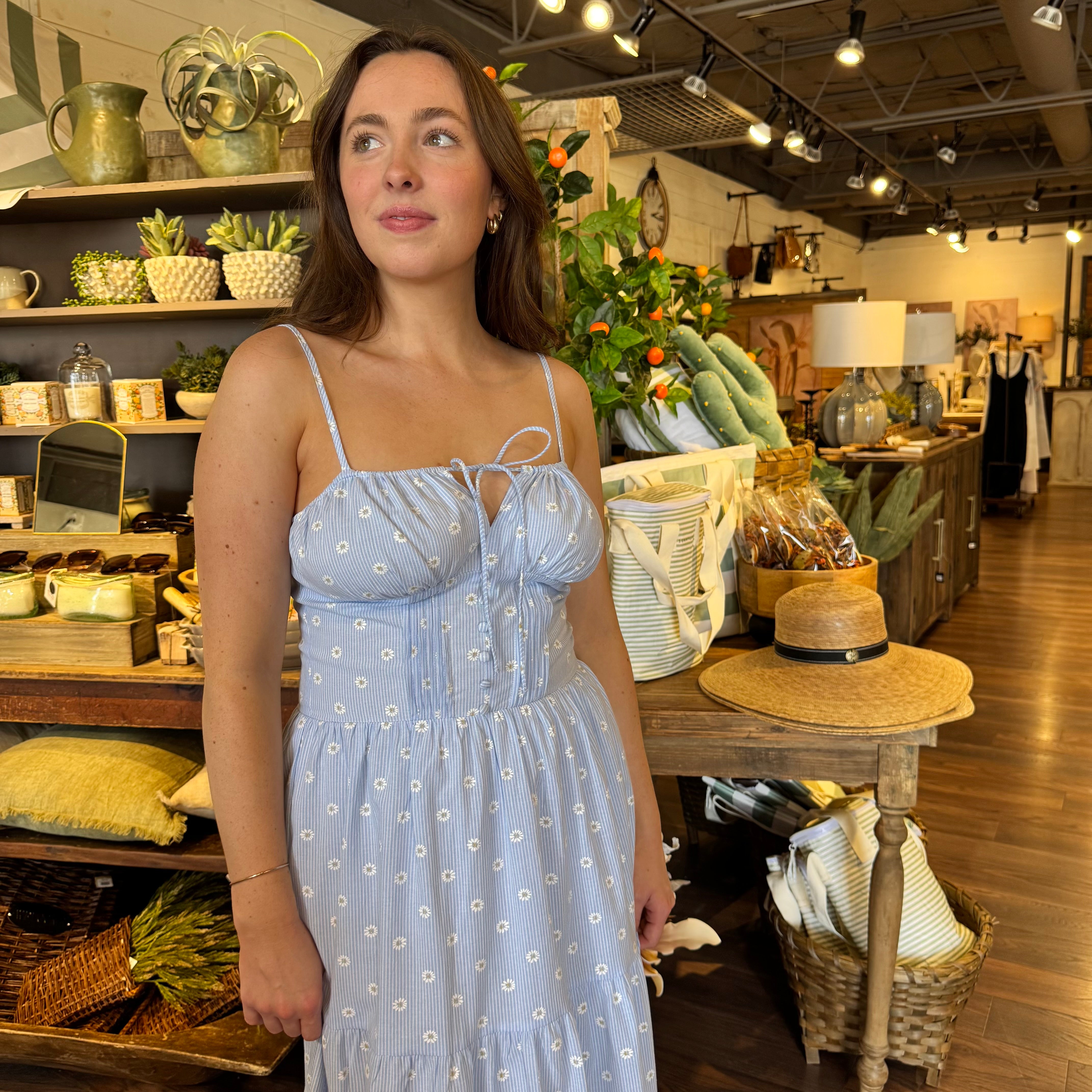 Blue Daisy Print Midi Dress