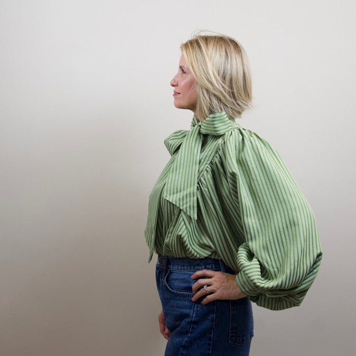 Light Olive Tie Neck Button Down Shirt