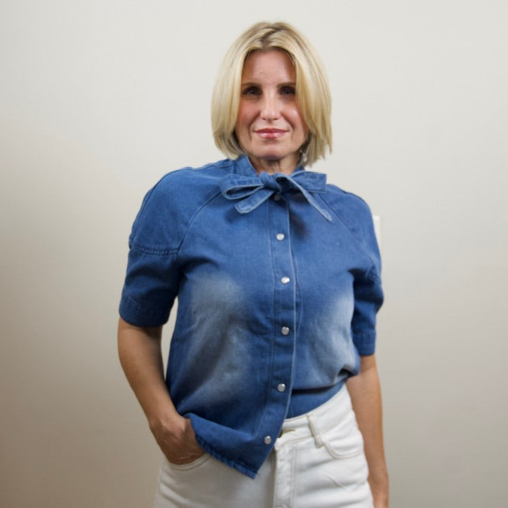 Tie Neck Denim Blouse