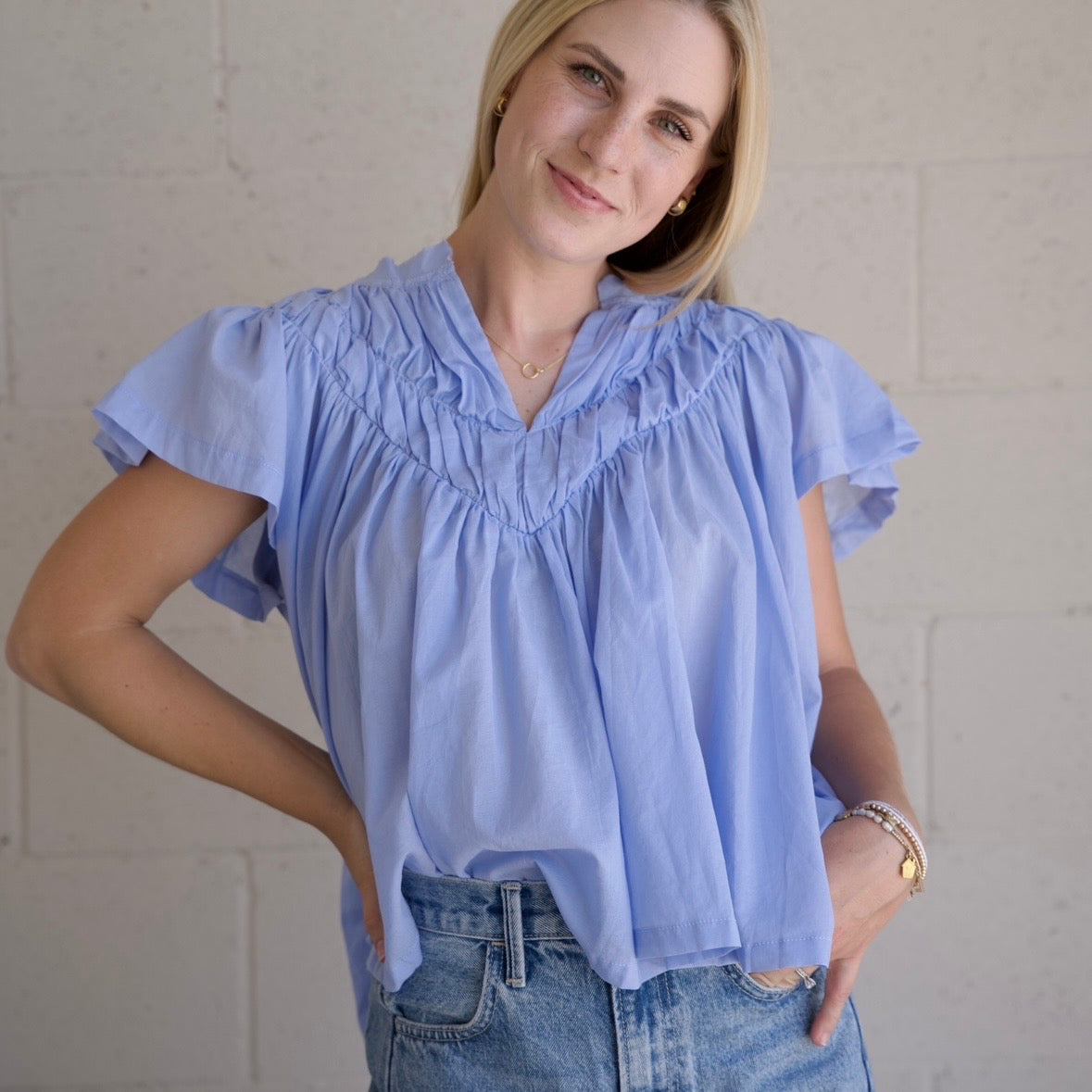 Blue Flutter Sleeve Blouse