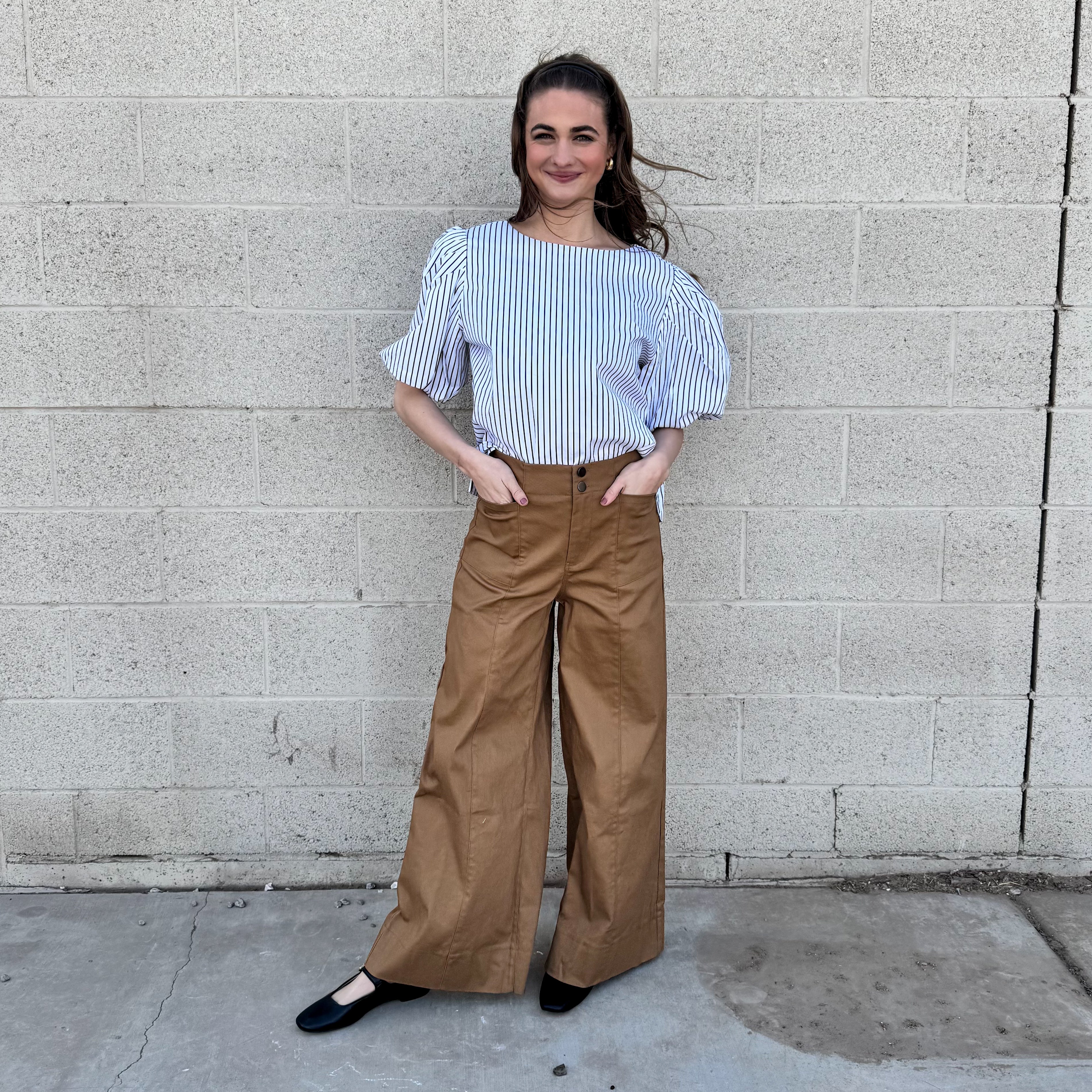 White Striped Top W/ Puff Sleeves