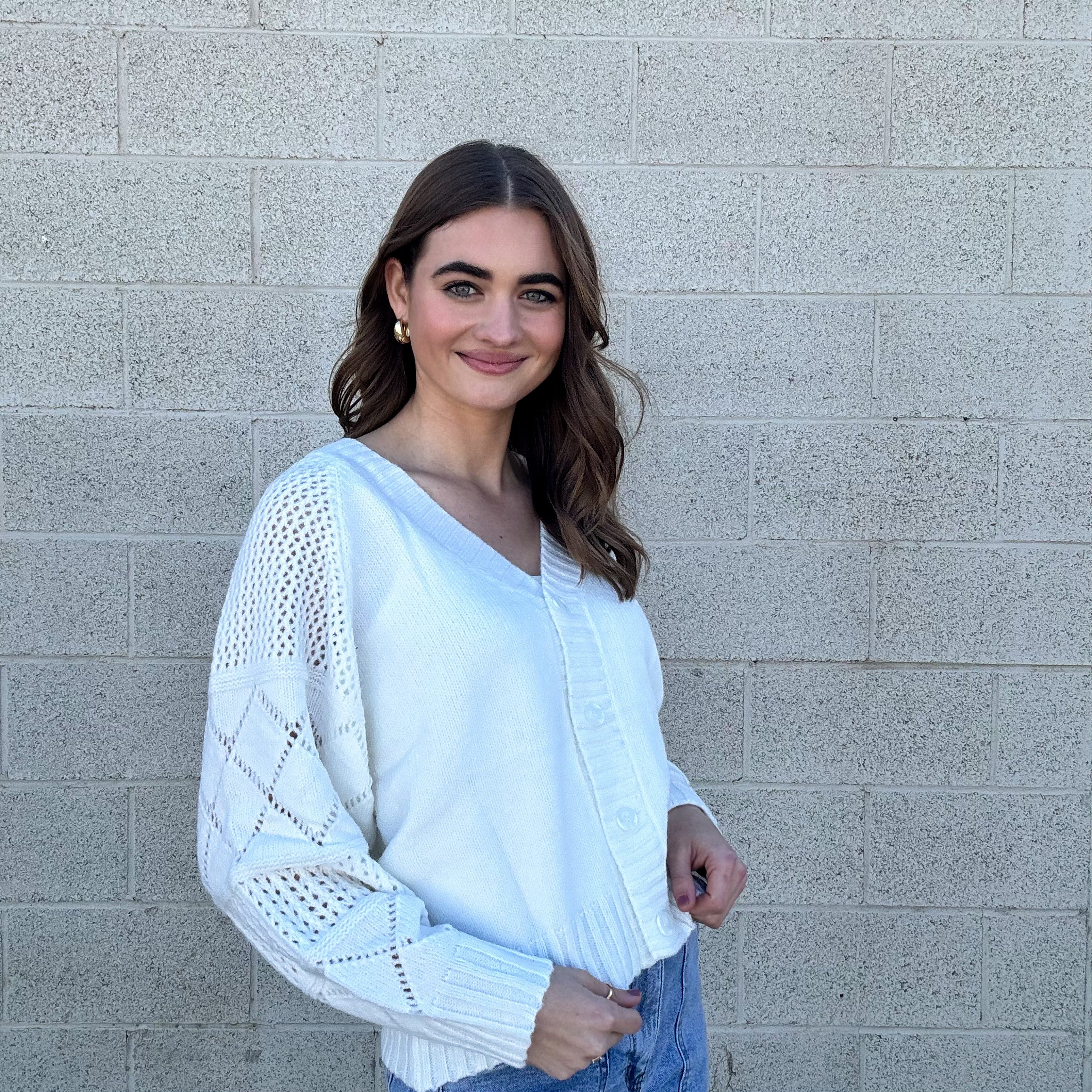 V Neck White Cardigan