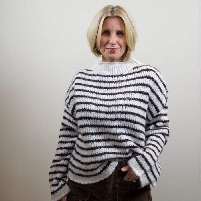 Striped Rolled Edge Long Sleeve Knit Sweater