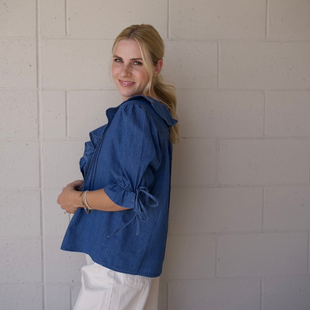Denim Pleated Ruffle Blouse