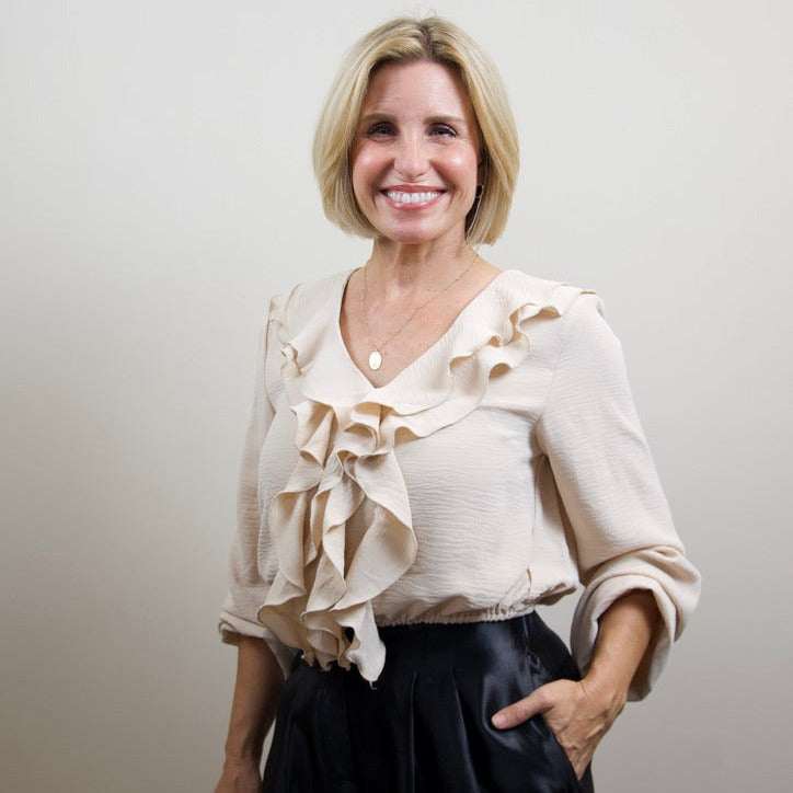 Beige Ruffle Cascade V-Neck Blouse