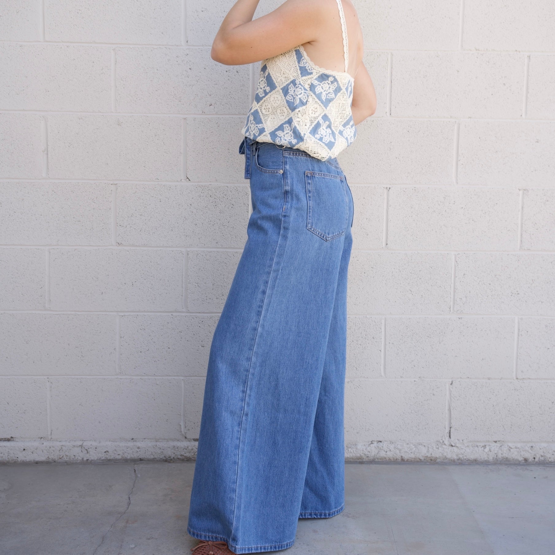 Wide Leg Denim Pants with Tie Belt