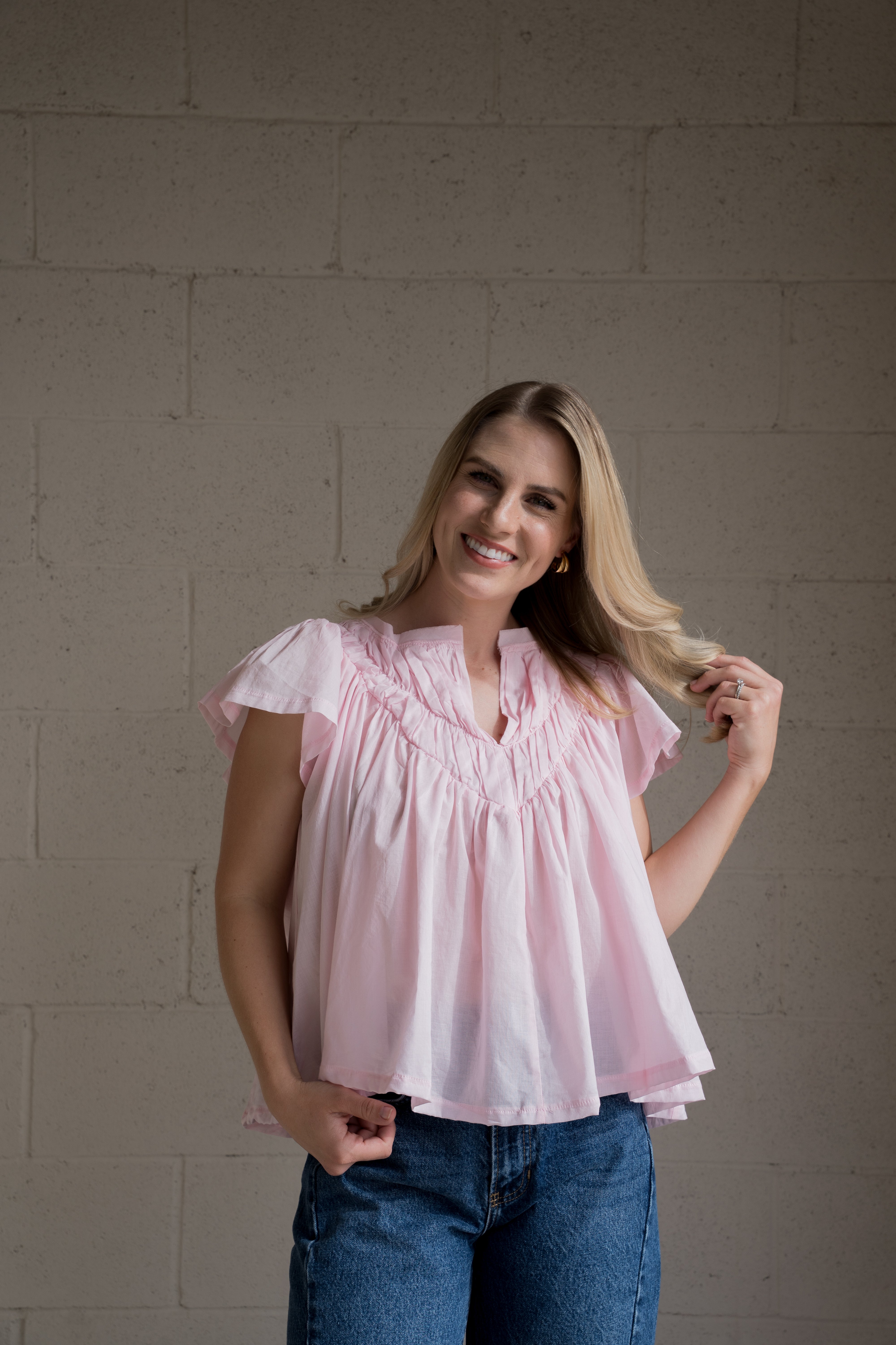 Pink Flutter Sleeve Gathered Blouse