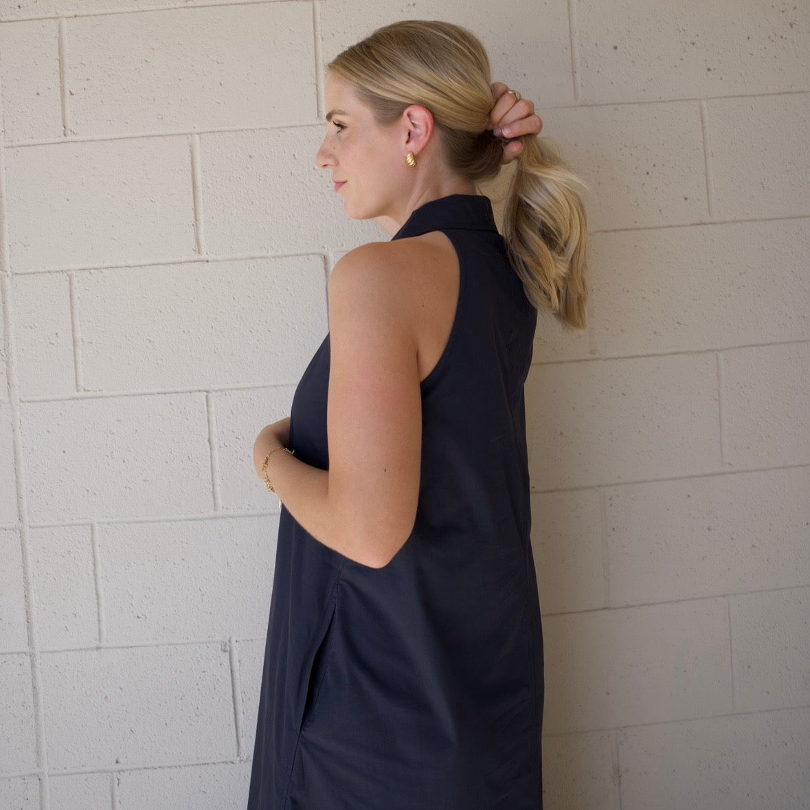 Navy Collared A-Line Midi Dress