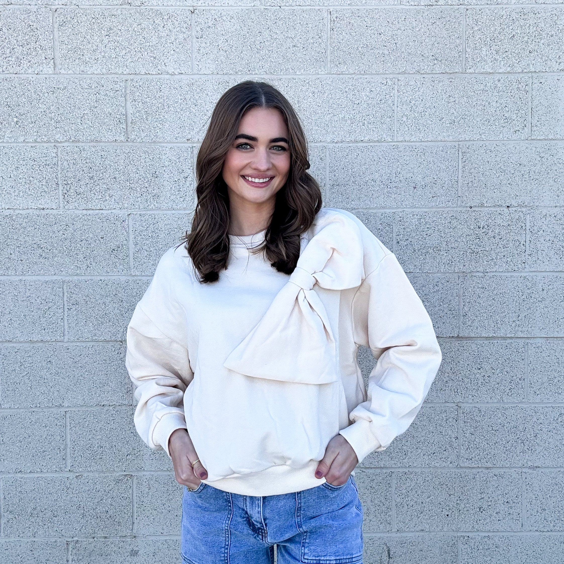 Beige Ribbon Bow Sweater