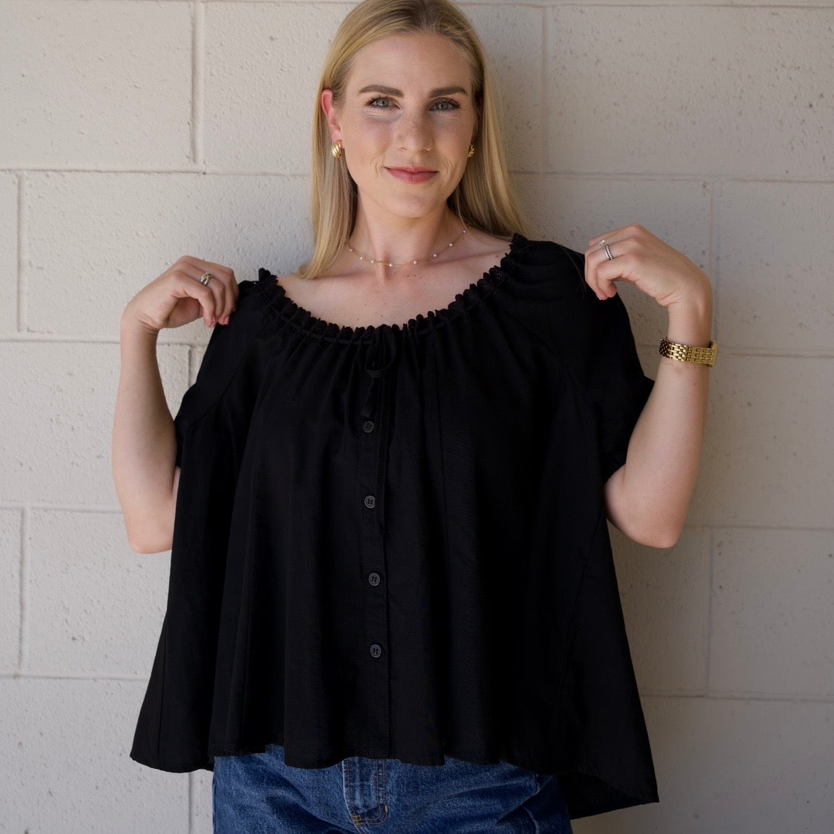 Black Eyelet Trim Neck Puff Sleeve Top