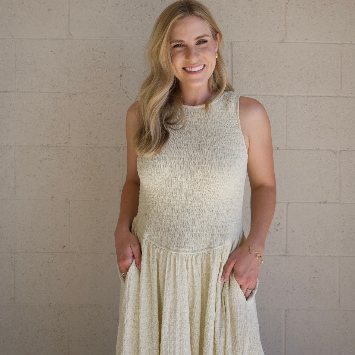 Cream Textured Smocked Maxi Dress