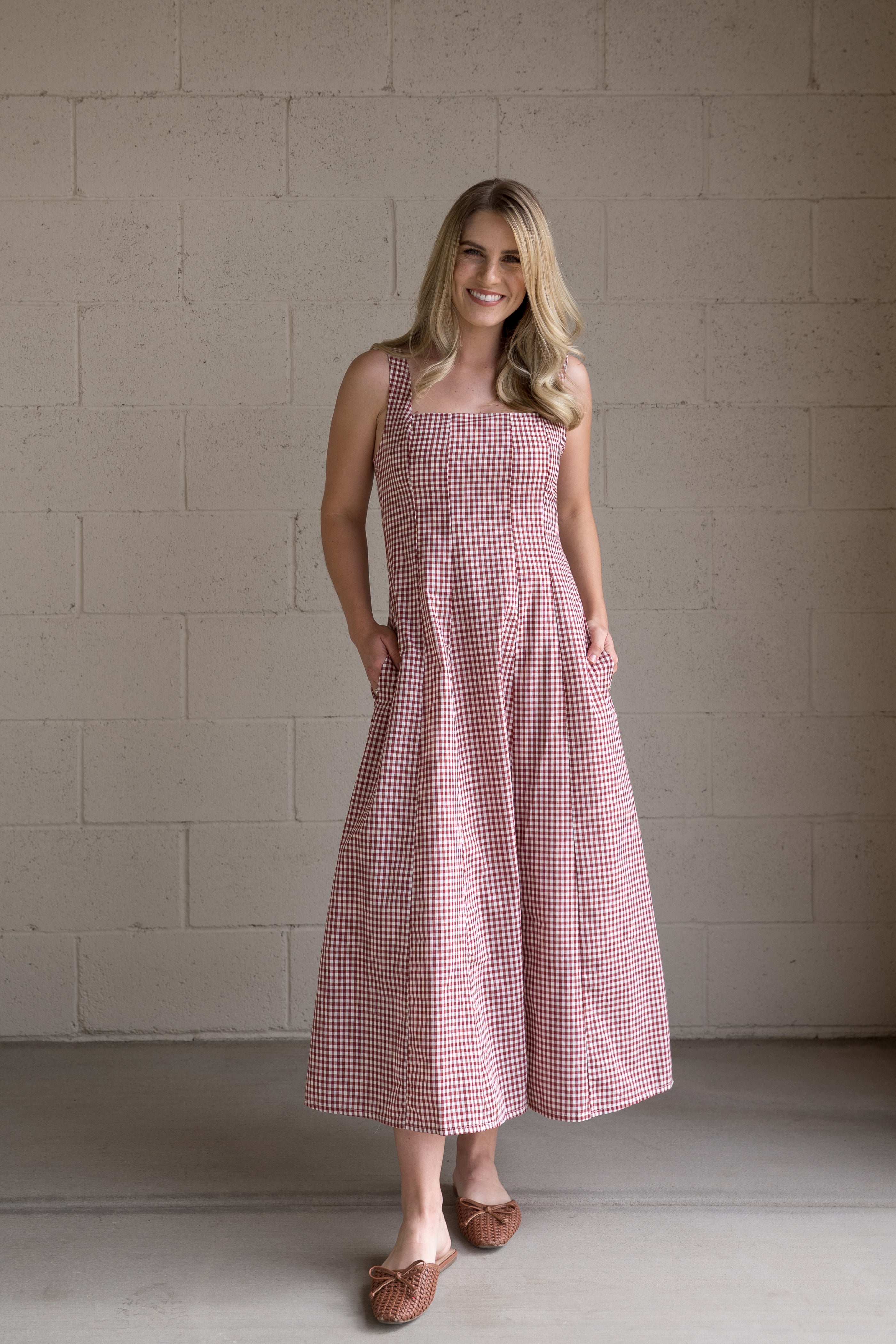 Brick Square Neck Gingham Dress