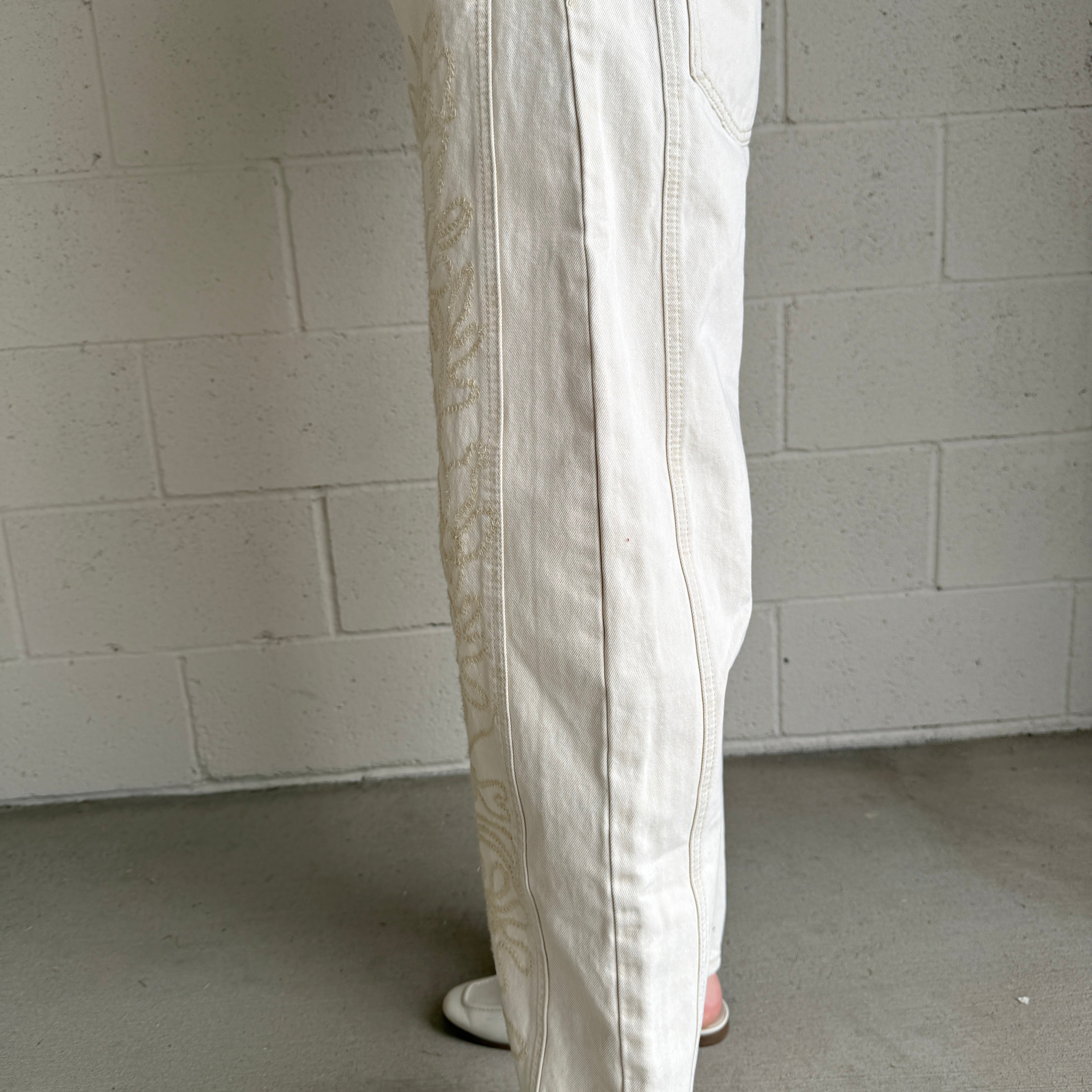 Beige Embroidered Barrel Pants