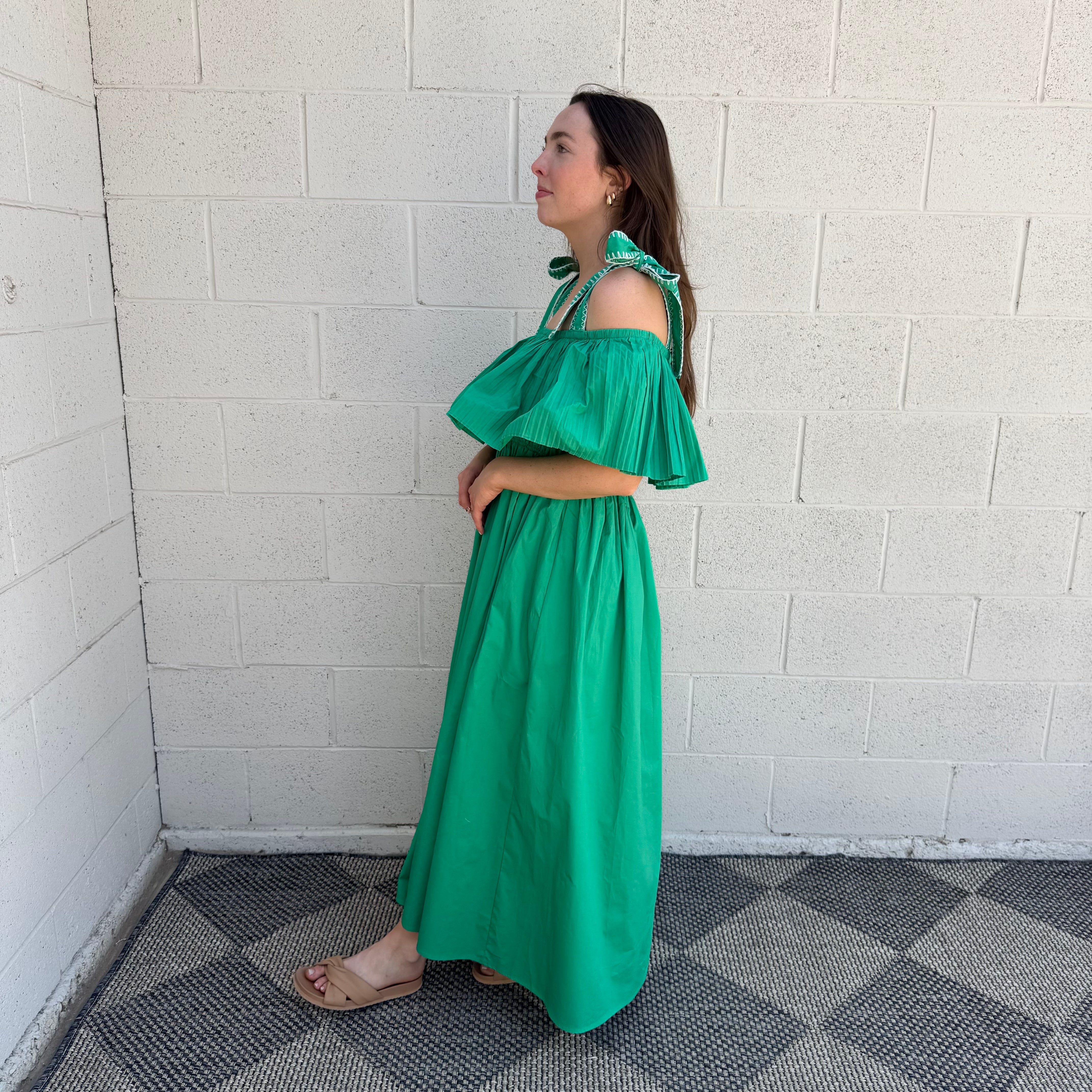Green Ruffled Off The Shoulder Midi Dress